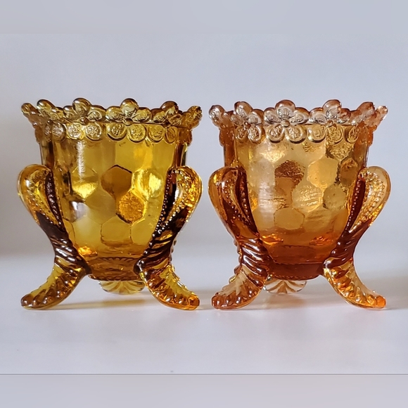 Vntg "Forget Me Not" Amber Pinkish Glass Toothpick Holder by Degenhart - Picture 8 of 10